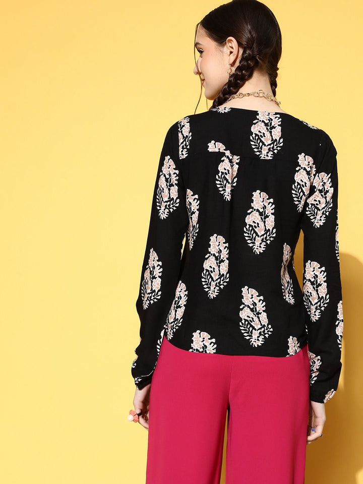 Berrylush Deep Black Floral Fluid Tie-Up Top