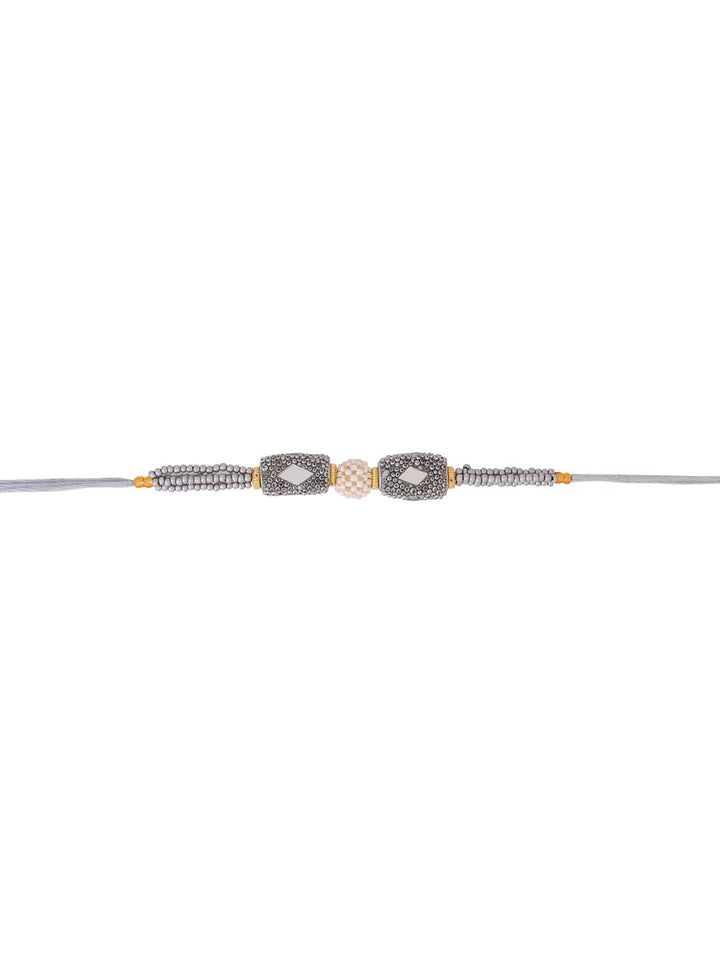 Voylla Unisex Silver Beaded and Pearls Rakhi with Roli Chaawal Pack