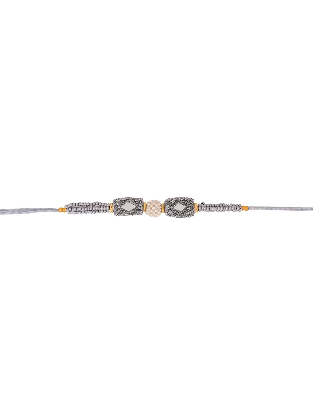 Voylla Unisex Silver Beaded and Pearls Rakhi with Roli Chaawal Pack