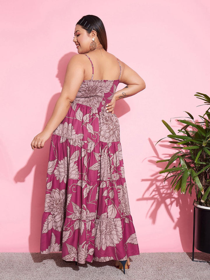 SASSAFRAS Curve Magenta Plus Size Floral Printed Tiered Maxi Dress