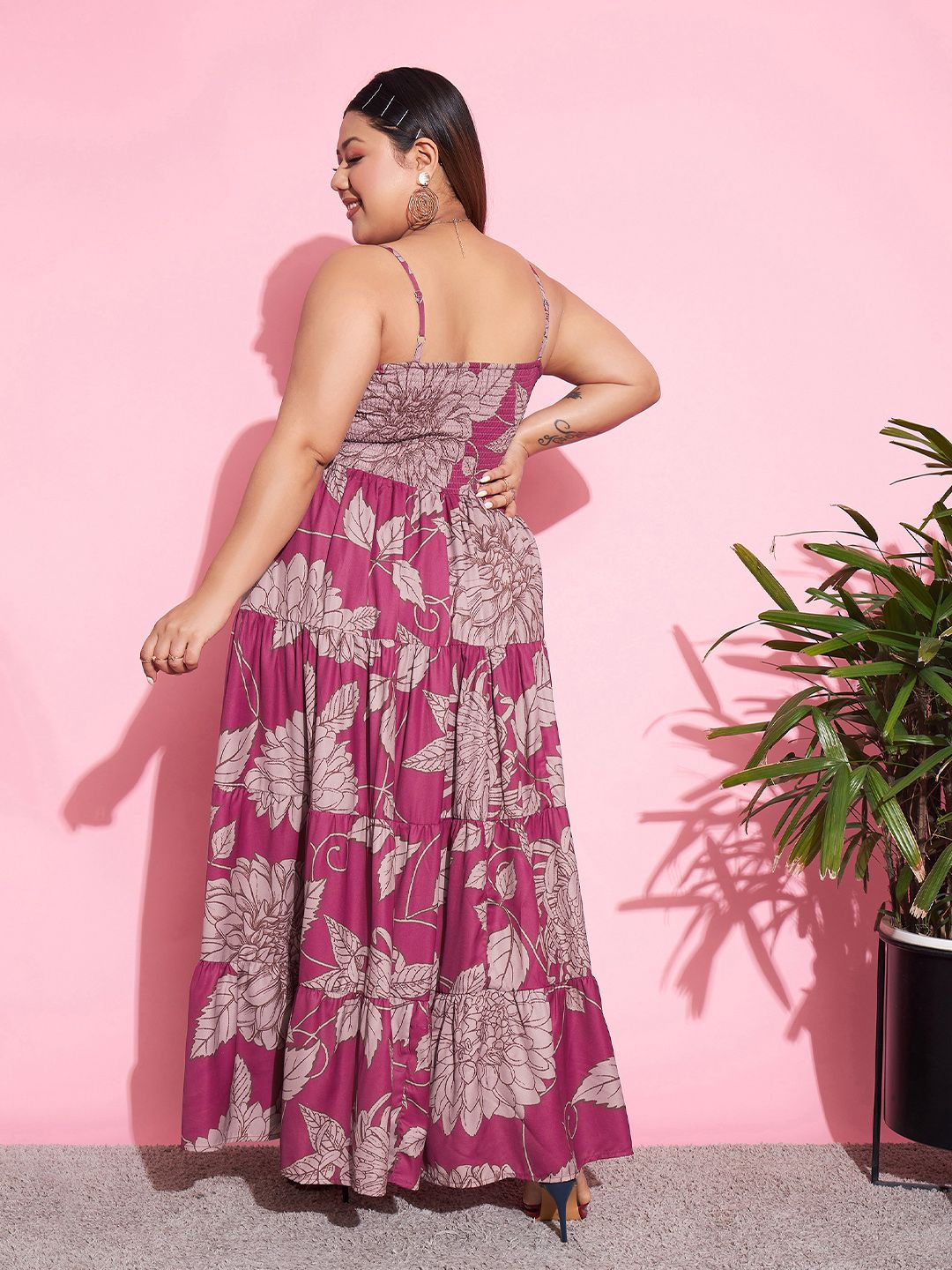 SASSAFRAS Curve Magenta Plus Size Floral Printed Tiered Maxi Dress