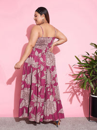 SASSAFRAS Curve Magenta Plus Size Floral Printed Tiered Maxi Dress