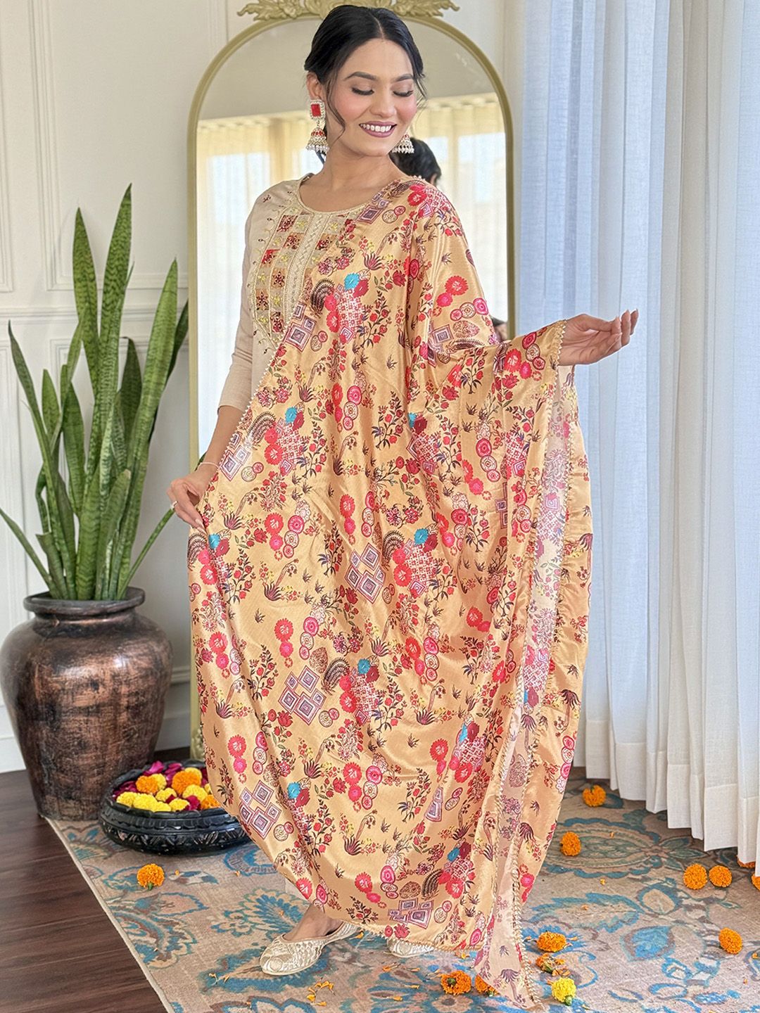 KALINI Floral Embroidered Sequnnied Straight Kurta With Trousers And Dupatta