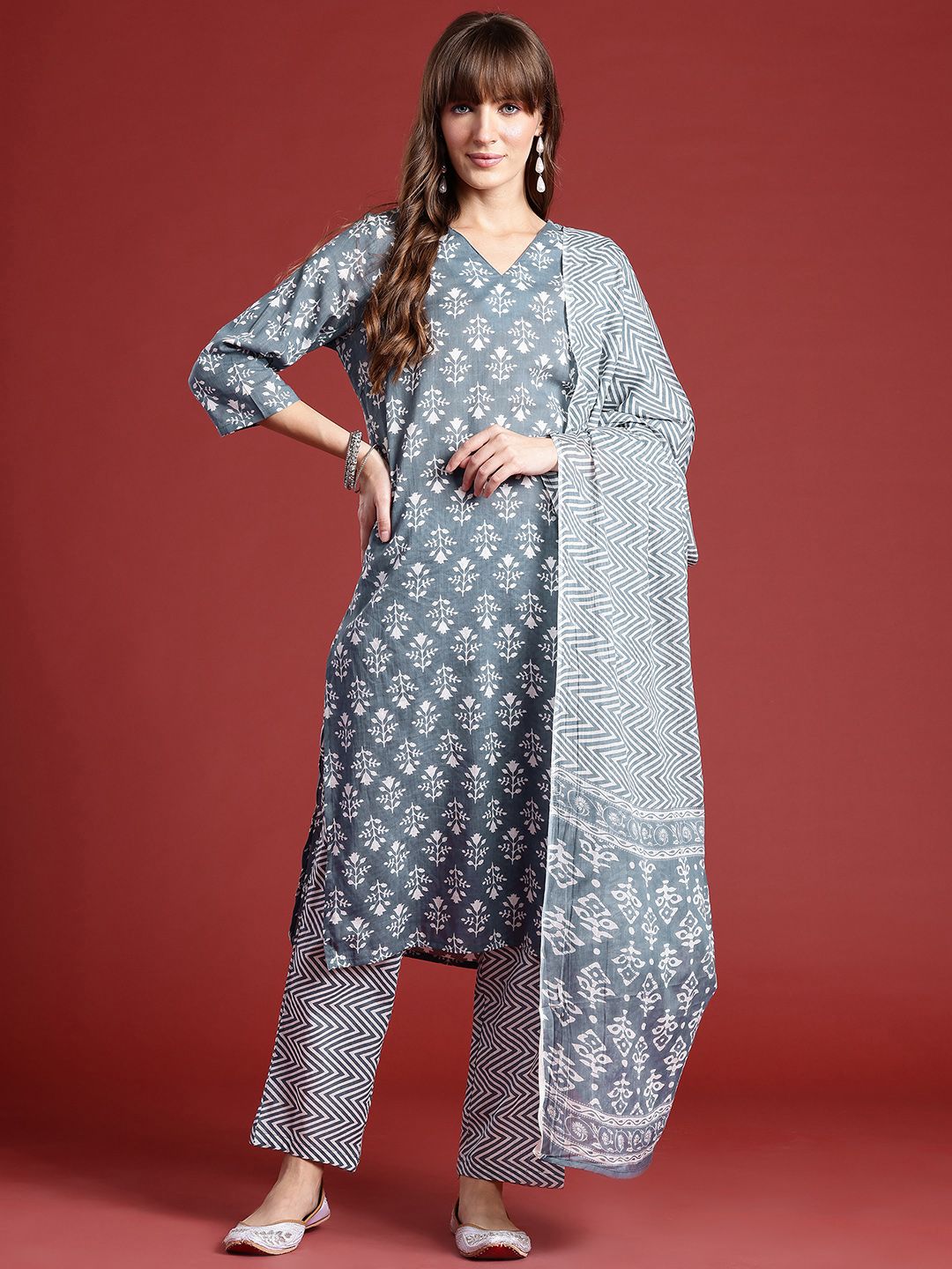 Anouk Ethnic Motifs Printed Regular Kurta with Trousers & With Dupatta