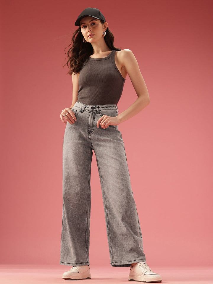 DressBerry Women Wide Leg High-Rise Heavy Fade Stretchable Jeans