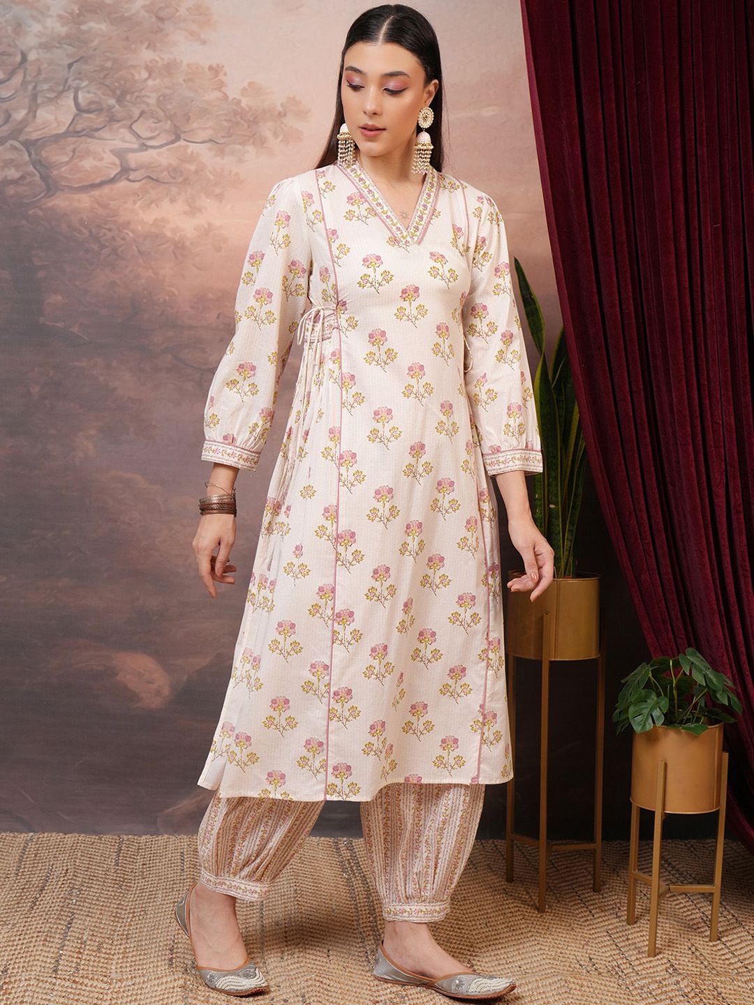 Vishudh Pink Floral Printed Pure Cotton Panelled A-Line Kurta With Salwar & Dupatta