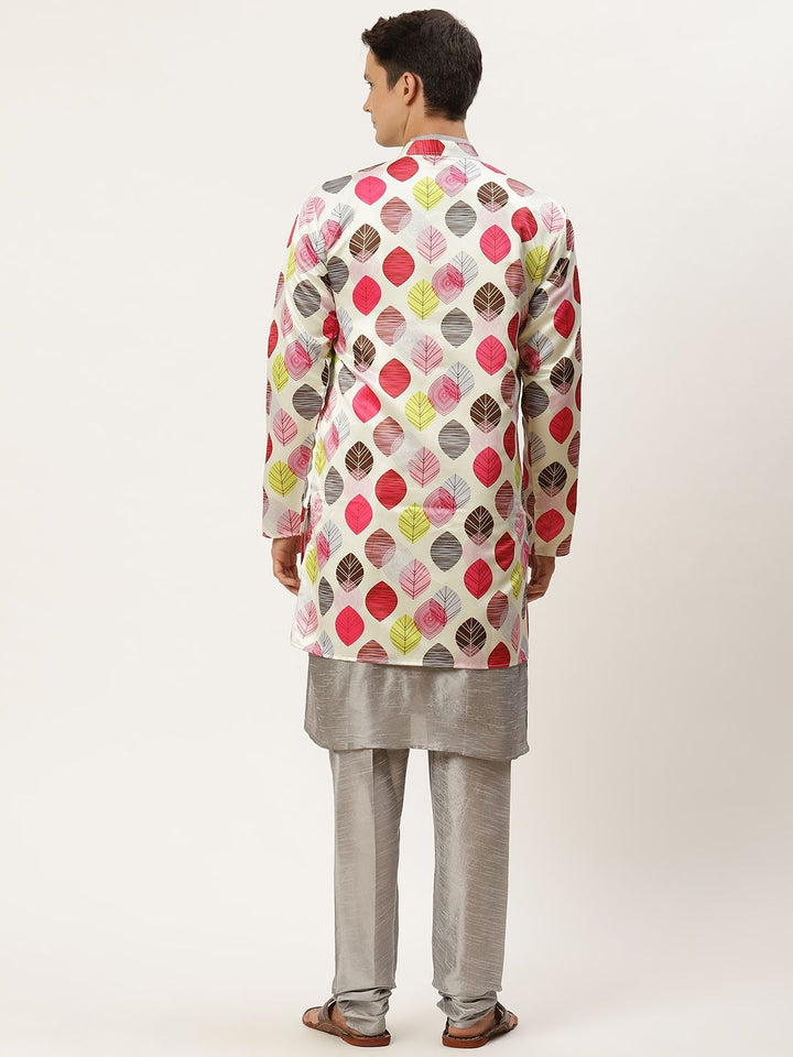SOJANYA Men White & Grey Floral Print Kurta & Churidar with Tailored Jacket