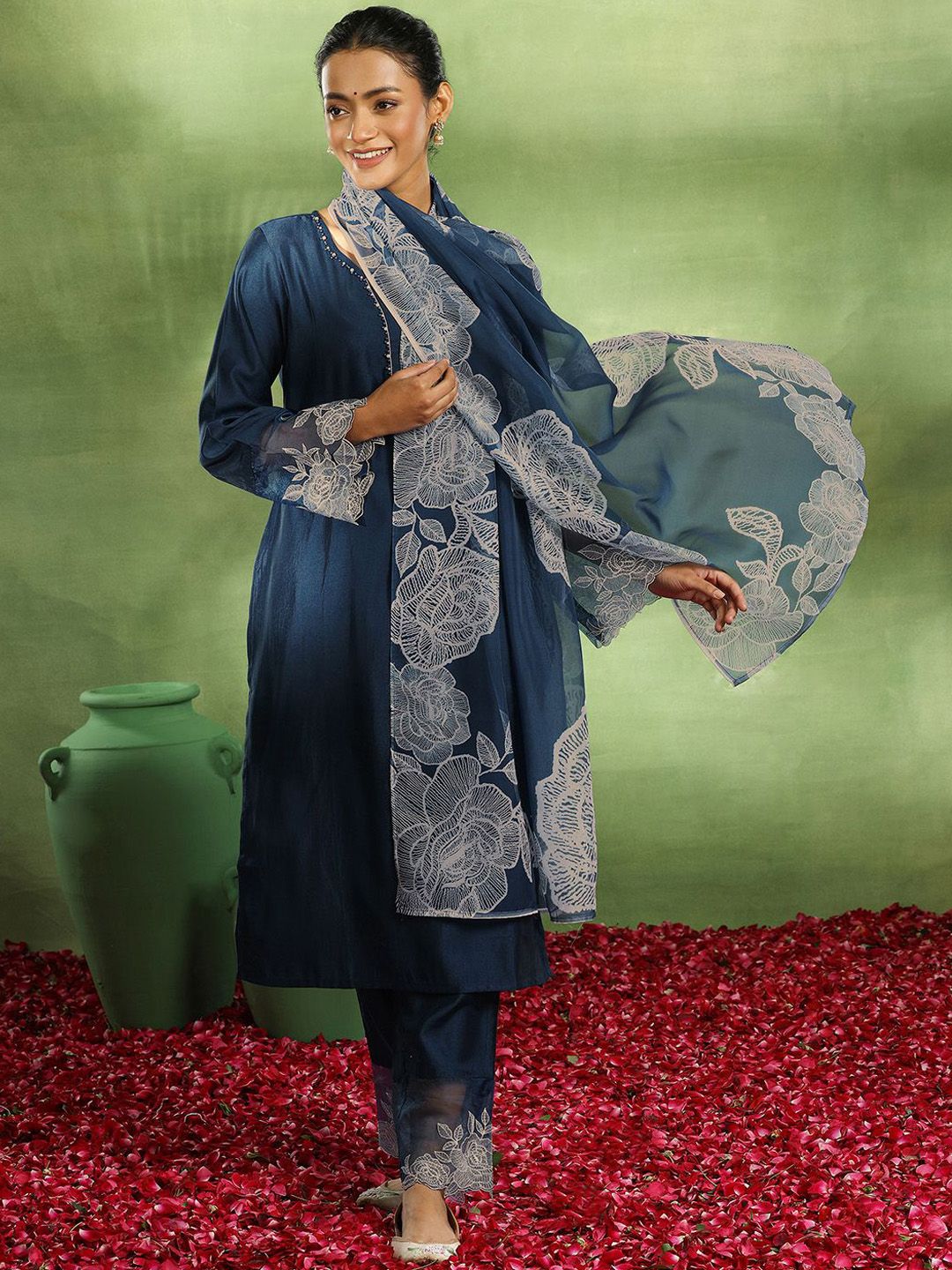 Libas Women Ethnic Motifs Yoke Design Regular Beads and Stones Kurta with Trousers & With Dupatta