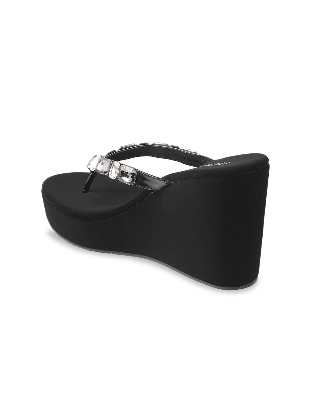 Metro Black & Silver-Toned Embellished Wedges