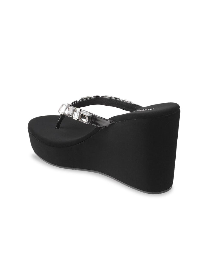 Metro Black & Silver-Toned Embellished Wedges