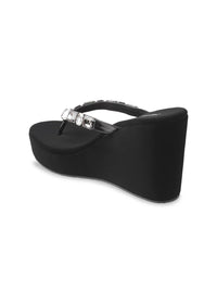 Metro Black & Silver-Toned Embellished Wedges