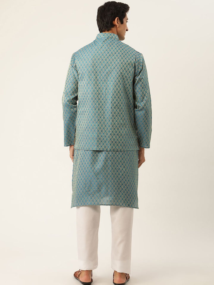 SOJANYA Kurta Design Off-Woven Lelaki Teal Biru & Putih dengan Piyama & Jaket Nehru