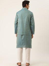 SOJANYA Men Teal Blue & White Off-Woven Design Kurta with Pyjamas & Nehru Jacket
