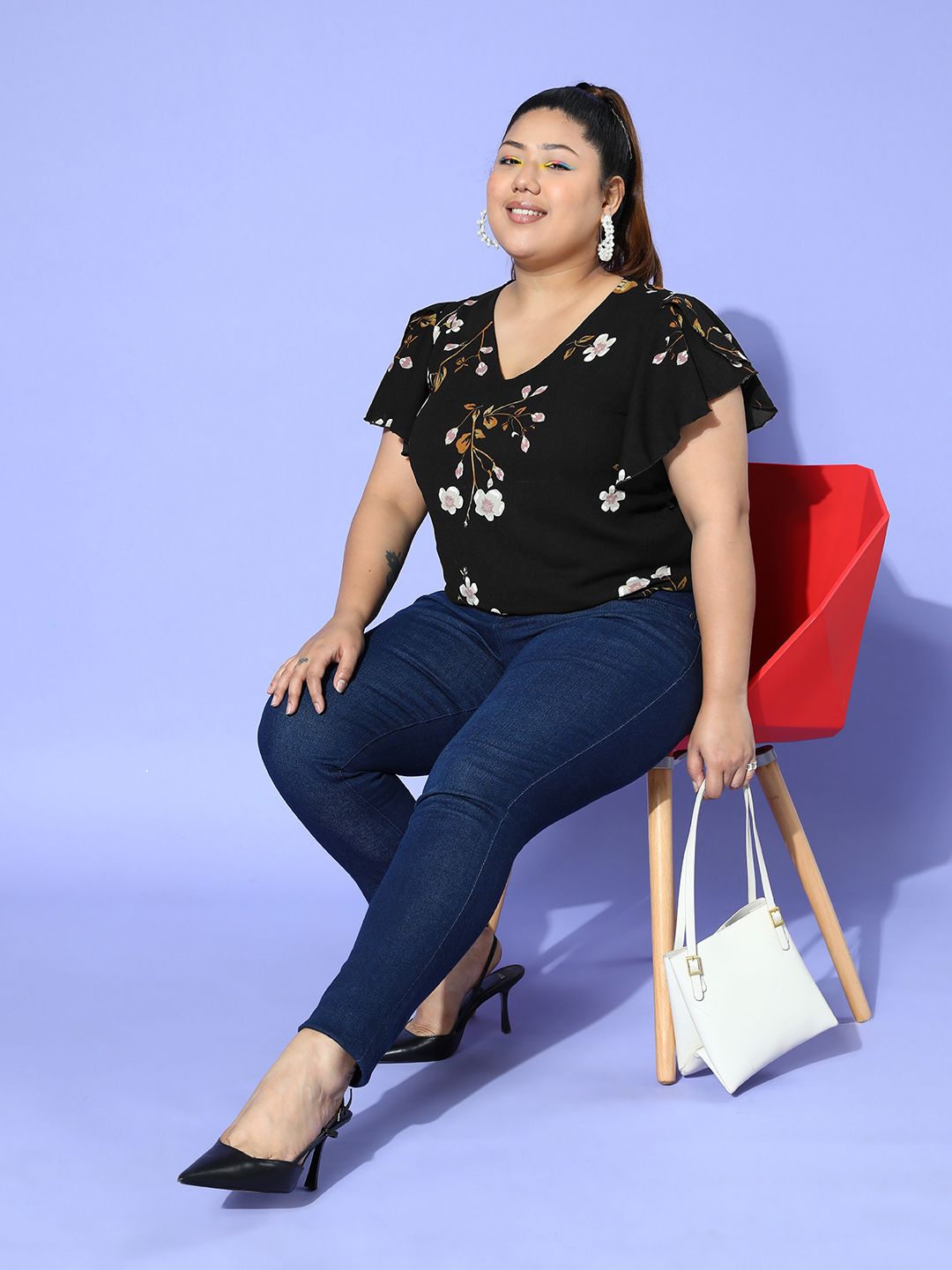 Berrylush Curve Floral Print Flutter Sleeve Ruffles Top