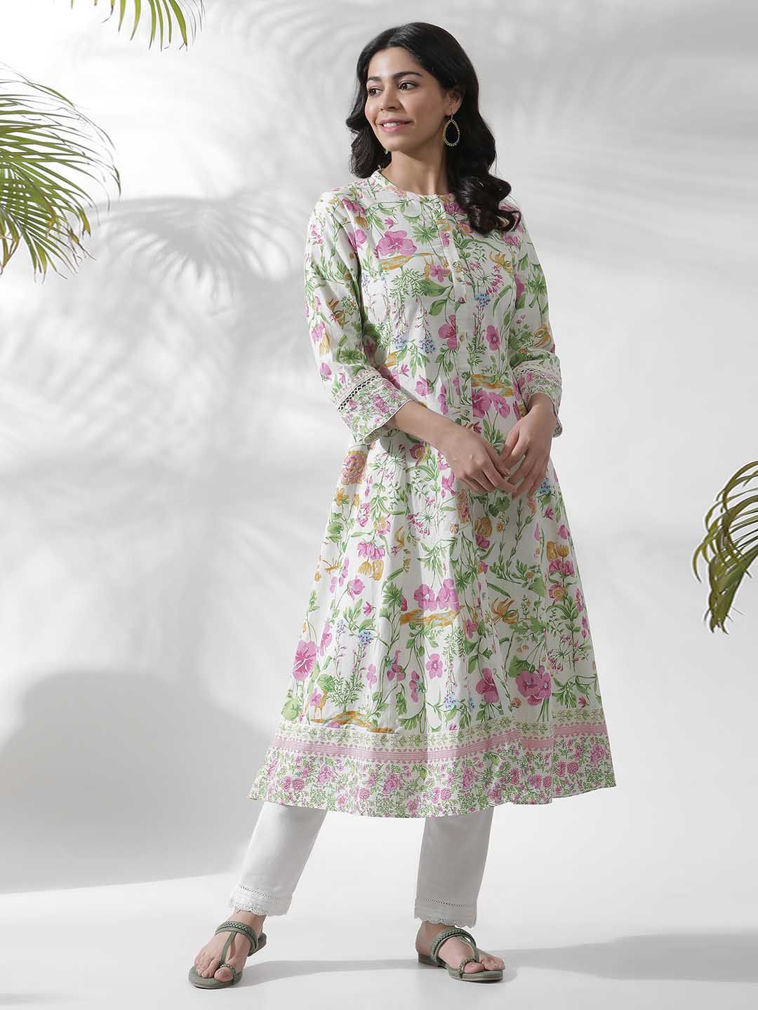 W Off white Floral Printed Cotton Kurta
