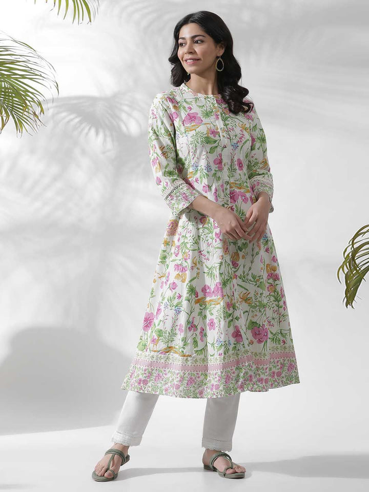 W Off white Floral Printed Cotton Kurta