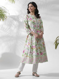 W Off white Floral Printed Cotton Kurta