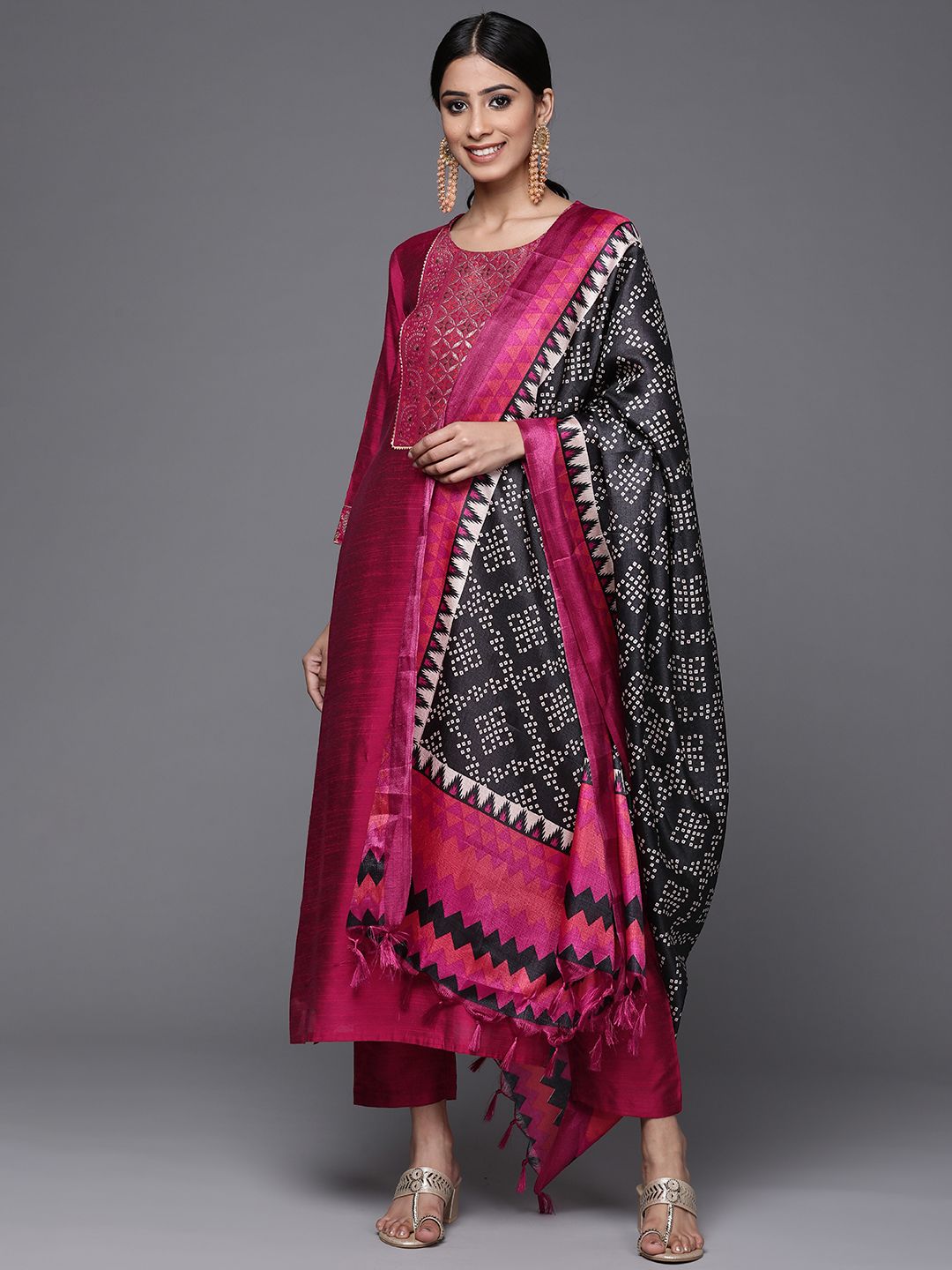 Varanga Brocade Yoke with Gota Detail Kurta with Trouser with Bandhani Printed Dupatta
