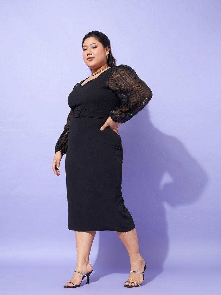 SASSAFRAS Curve Black Plus Size Sequin Embellished Puff Sleeves Sheath Midi Dress