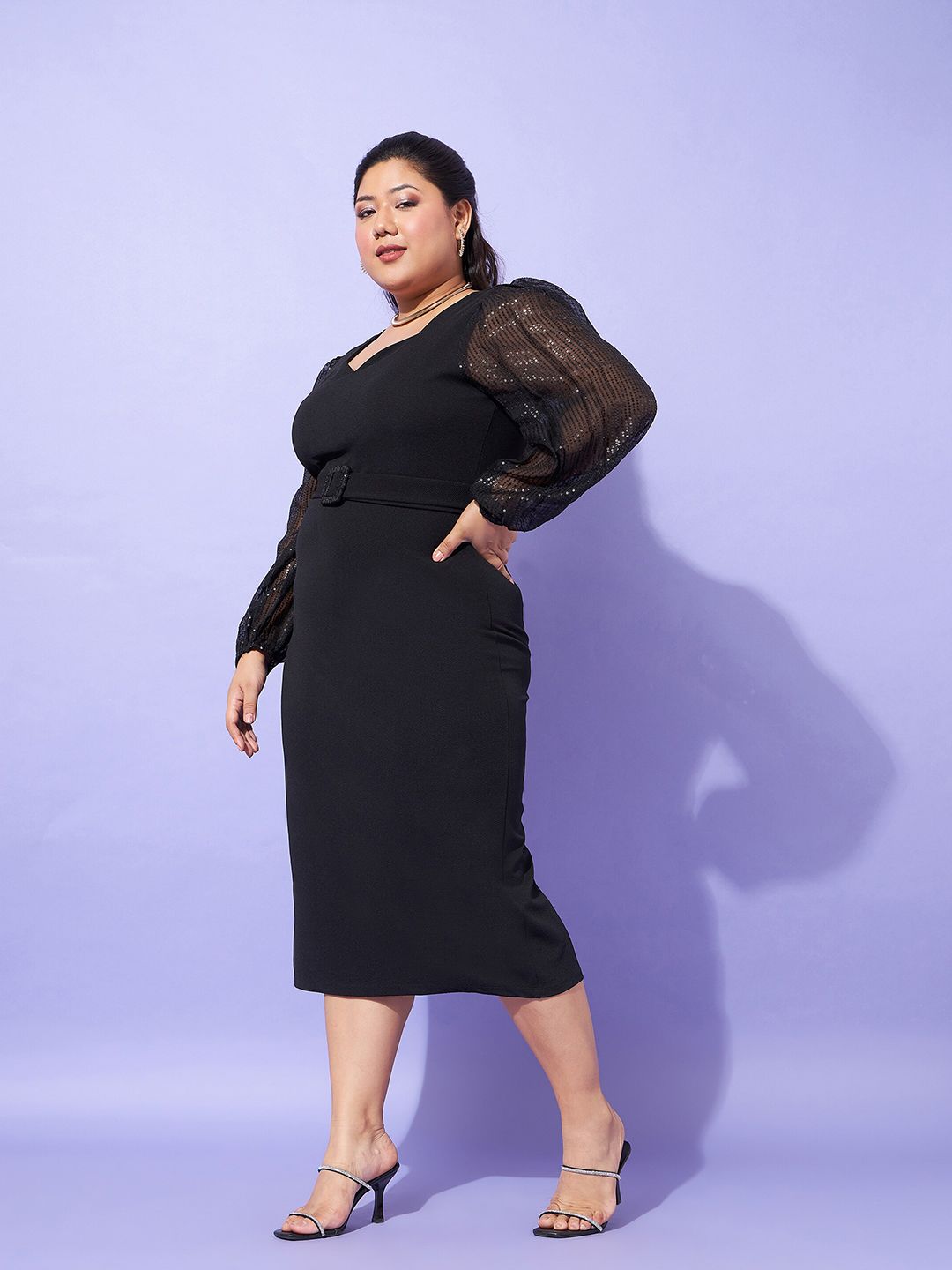 SASSAFRAS Curve Black Plus Size Sequin Embellished Puff Sleeves Sheath Midi Dress