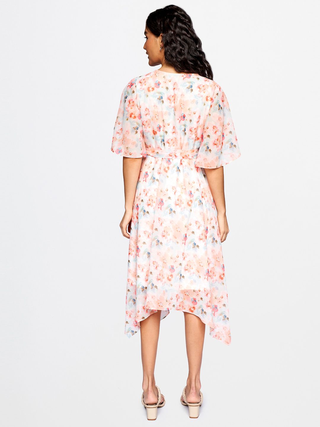 AND Women Peach & Blue Floral Printed V-Neck A-Line Dress With A Belt
