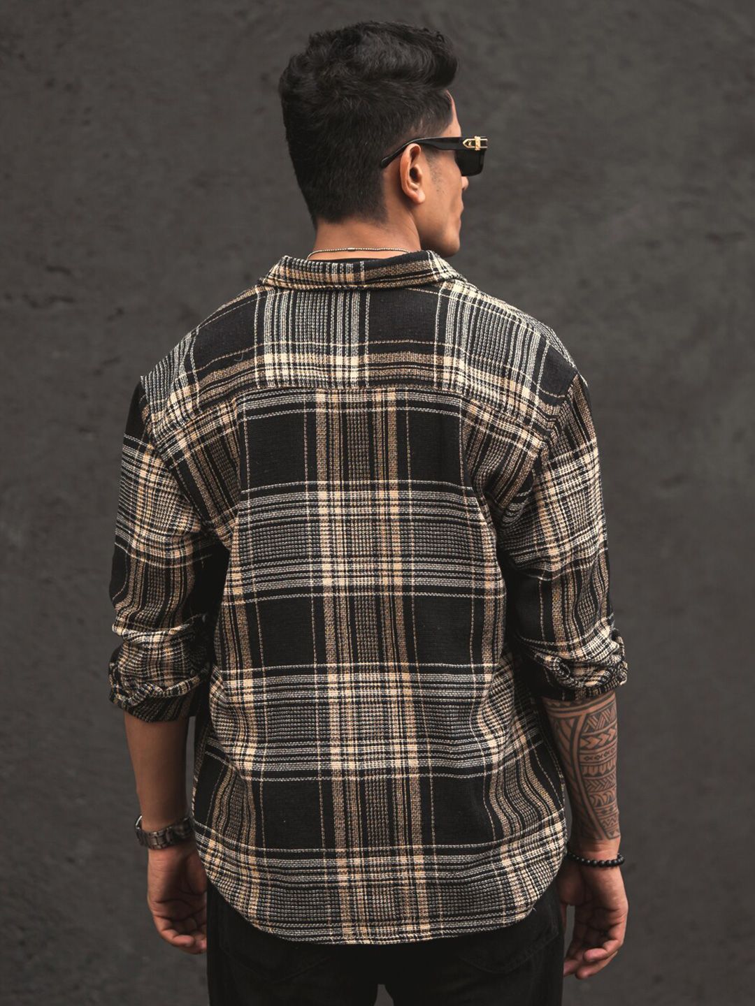 Powerlook Black India Slim Tartan Checked Oversized Casual Shirt