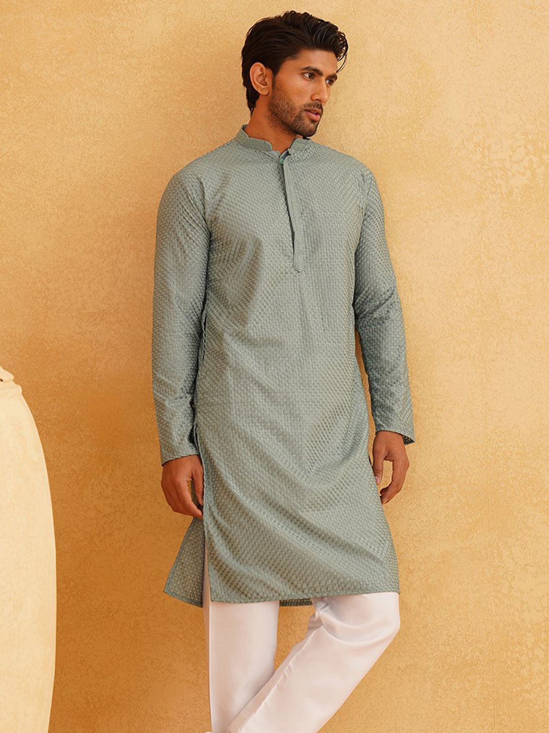 SOJANYA Lelaki Sea Green Thread Work Kurta