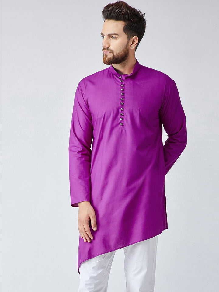 SOJANYA Lelaki Ungu Pepejal Kurta Lurus Asimetri
