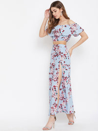 Berrylush Blue & Maroon Floral Printed Two Piece Dress