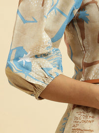 W Abstract Printed Belted Detailed Shirt Collar Puff Sleeves A-Line Maxi Dress