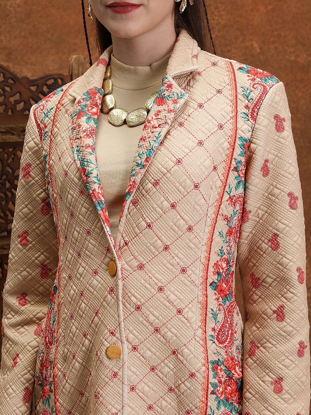 Vishudh Beige Floral Longline Biker Jacket