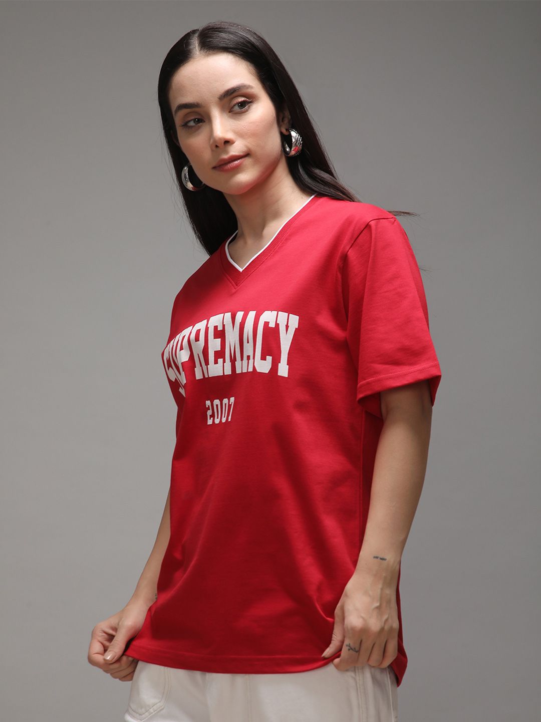 DILLINGER Women Short Sleeve Oversized V-Neck Printed Tshirt