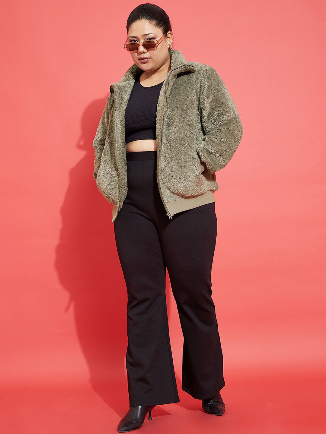 SASSAFRAS Curve Plus Size Grey Self Design Mock Collar Tailored Jacket