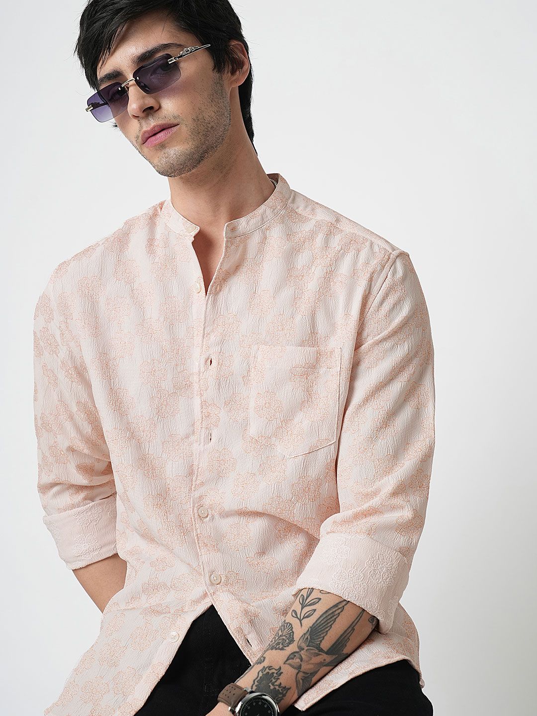VASTRADO Men Classic Band Collar Floral Printed Slim Fit Casual Shirt