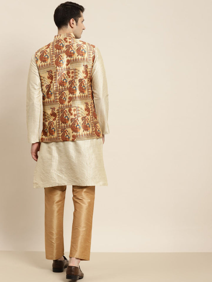 SOJANYA Men Beige Striped Kurta with Pyjamas & Nehru Jacket