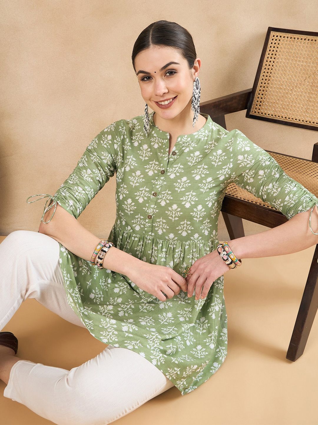 Anouk Floral Printed Ruched Pure Cotton A-Line Short Kurti