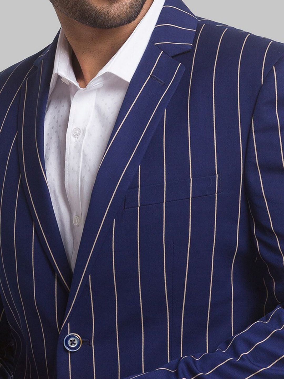 Park Avenue Men Blue Striped Single Breasted Formal Blazer