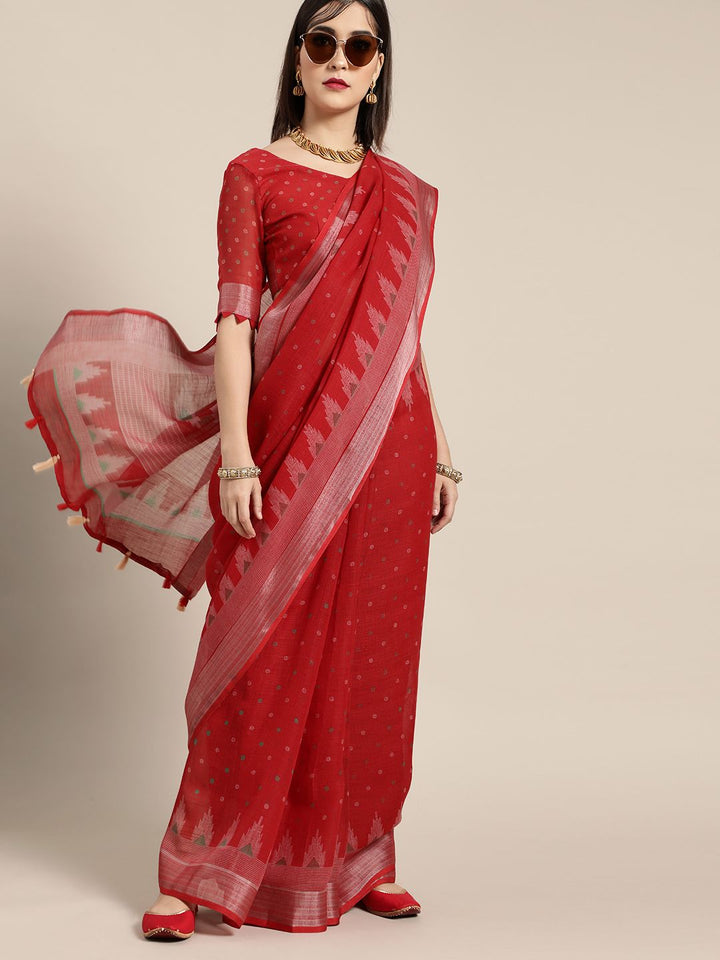 Saree Mall Blazing Red Linen Blend Saree