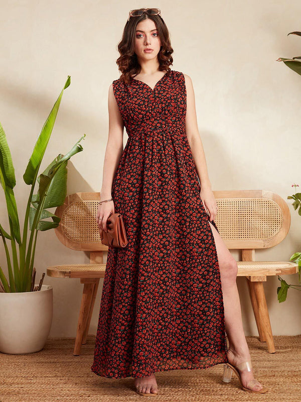 Berrylush Black & Red Floral Printed V-Neck Gathered Georgette Maxi Dress
