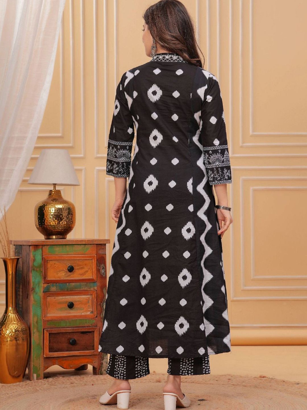 KALINI Geometric Printed Notch Neck Pleated A-Line Kurta With Trouser And Dupatta