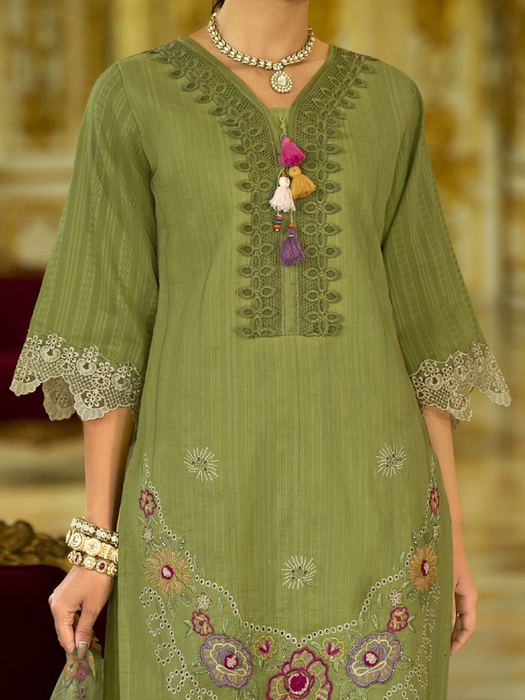 Varanga Nazrana Floral Thread Embroidered Schiffli Orangza Lace Kurta Trouser & Dupatta
