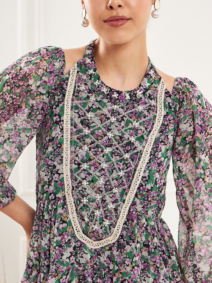 Antheaa Floral Printed Lace Insert Top & Sharara