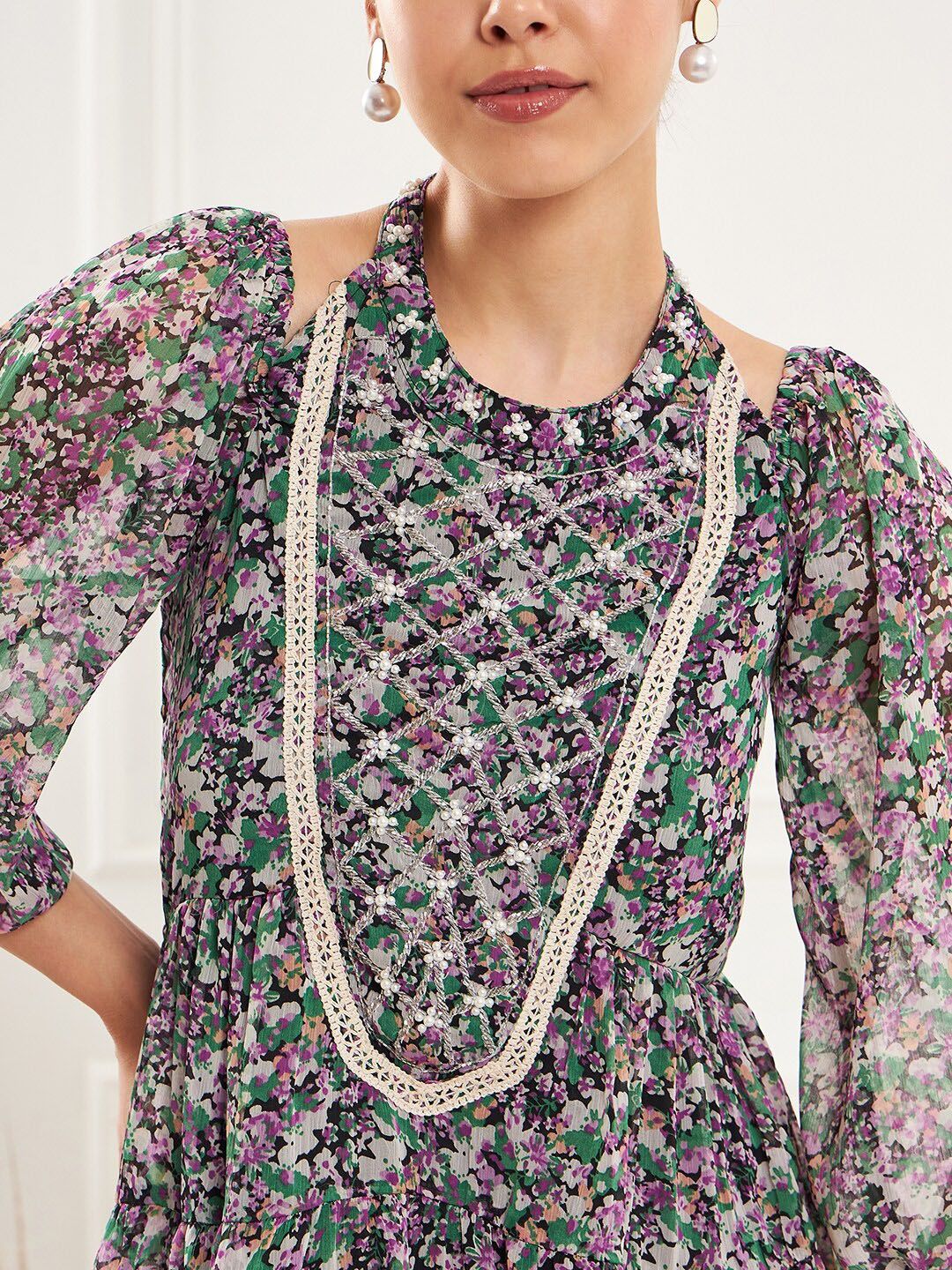 Antheaa Floral Printed Lace Insert Top & Sharara