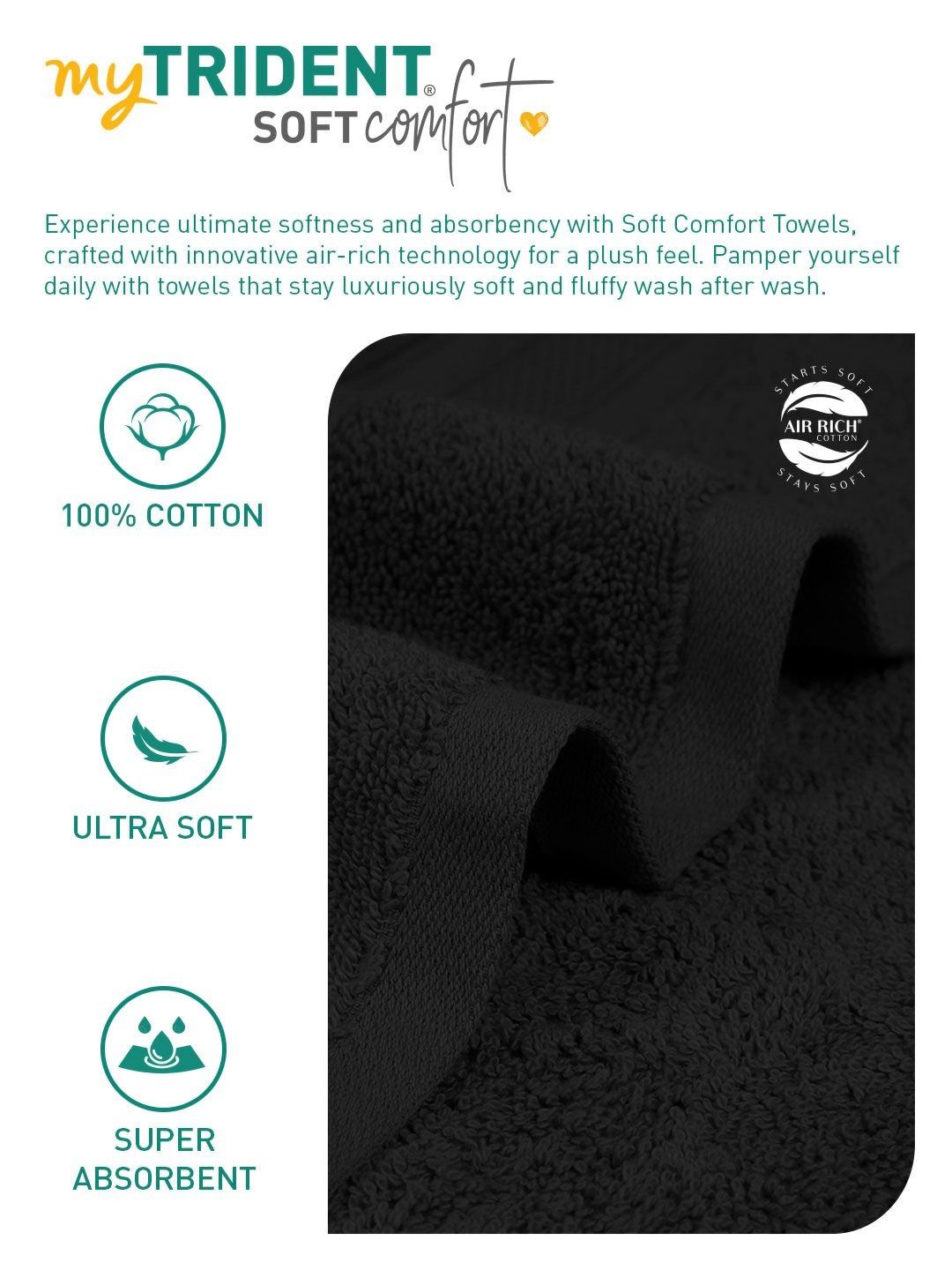 MYTRIDENT Black 3 Pieces Pure Cotton 500 GSM Towel Set