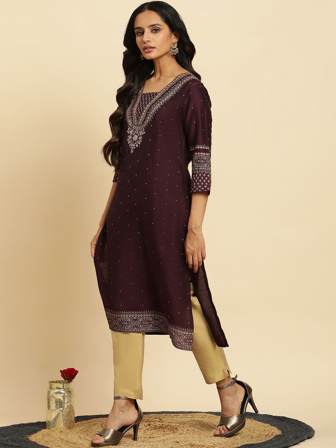 W Purple Floral Yoke Design Sequinned Straight Kurta
