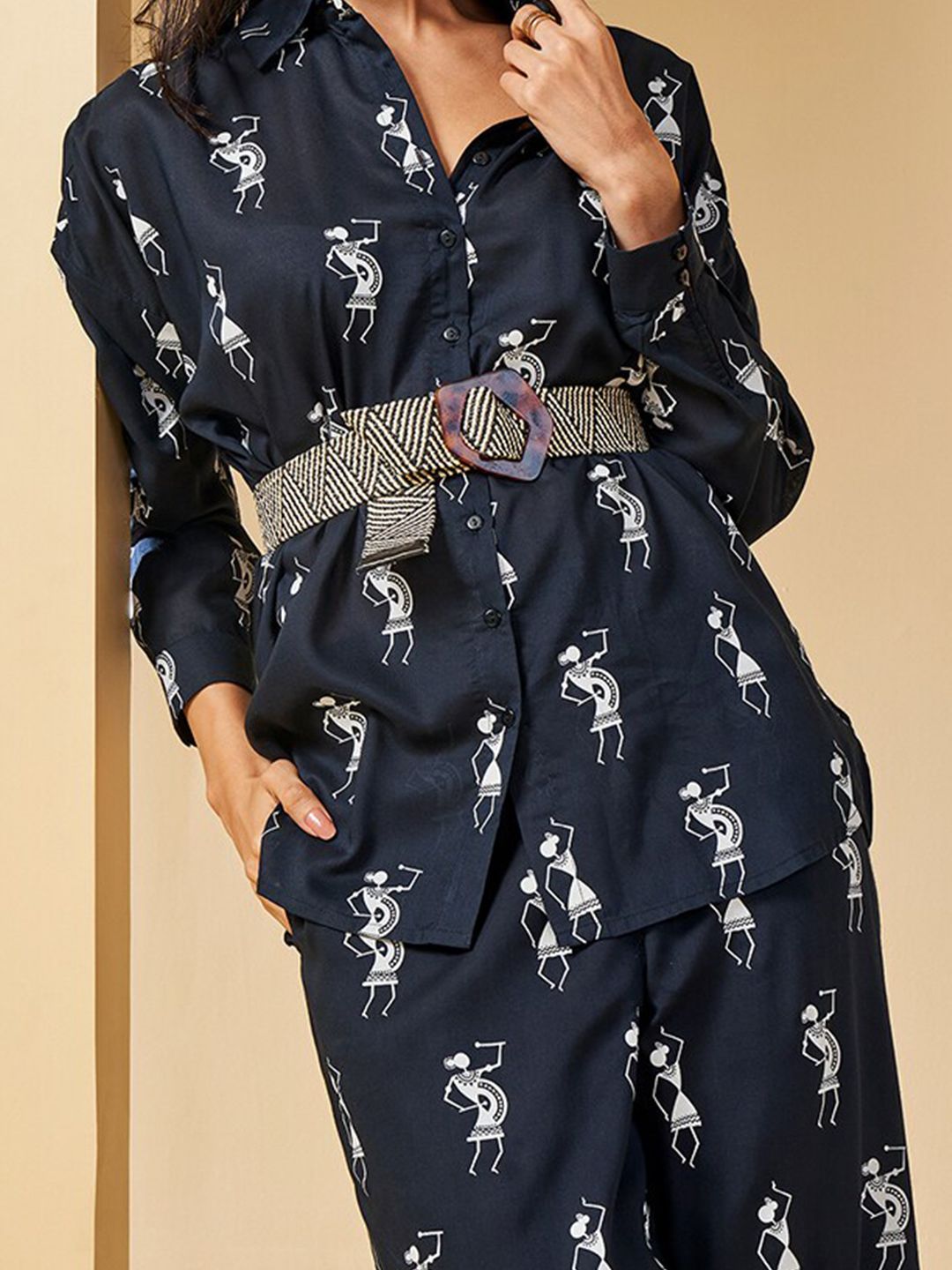 Global Desi Graphic Printed Mandarin Collar Shirt Style Top