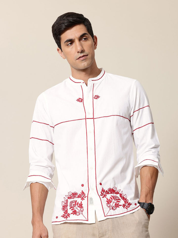 Mr Bowerbird Pure Cotton Floral Embroidered Tailored Fit Opaque Casual Shirt