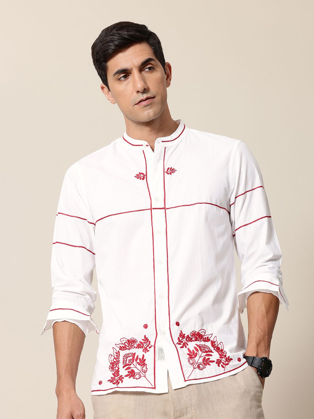 Mr Bowerbird Pure Cotton Floral Embroidered Tailored Fit Opaque Casual Shirt