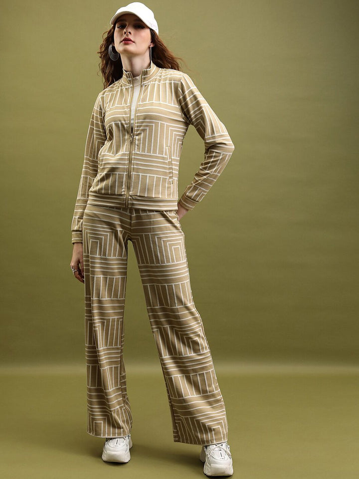 Tokyo Talkies Tan & White Geometric Printed High Neck Sweatshirt With Trouser