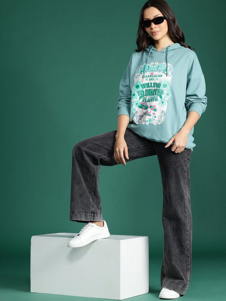DressBerry Conversational Printed Drop-Shoulder Sleeve Hooded Sweatshirt